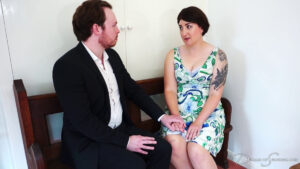 Pandora and James sit together and talk wearing their Sunday best