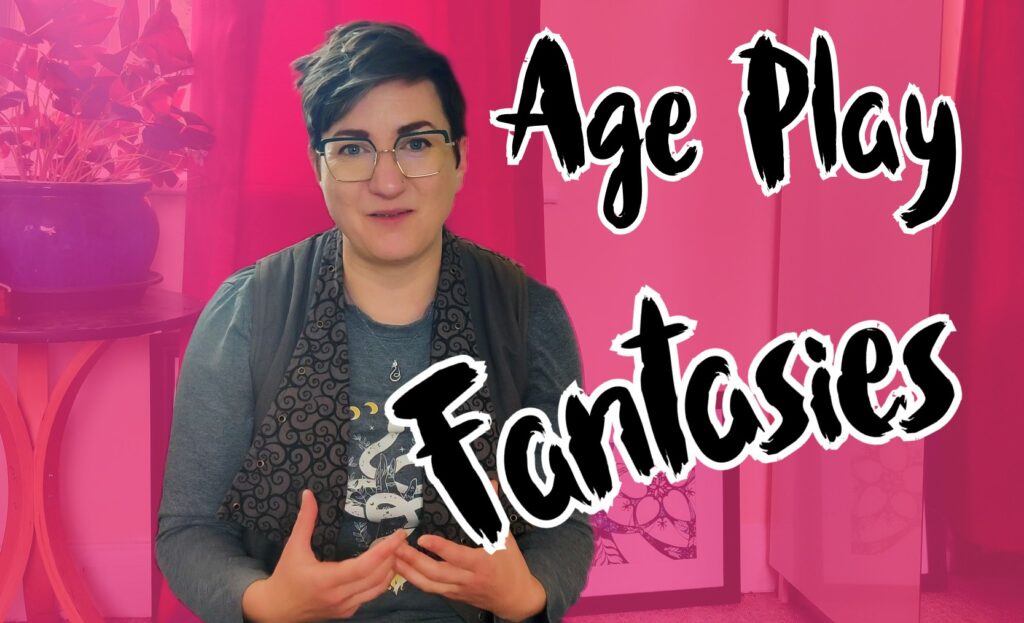 Pandora Blake is sitting and gesturing towards the camera. The background is pink, and the words Age Play Fantasies are overlaid