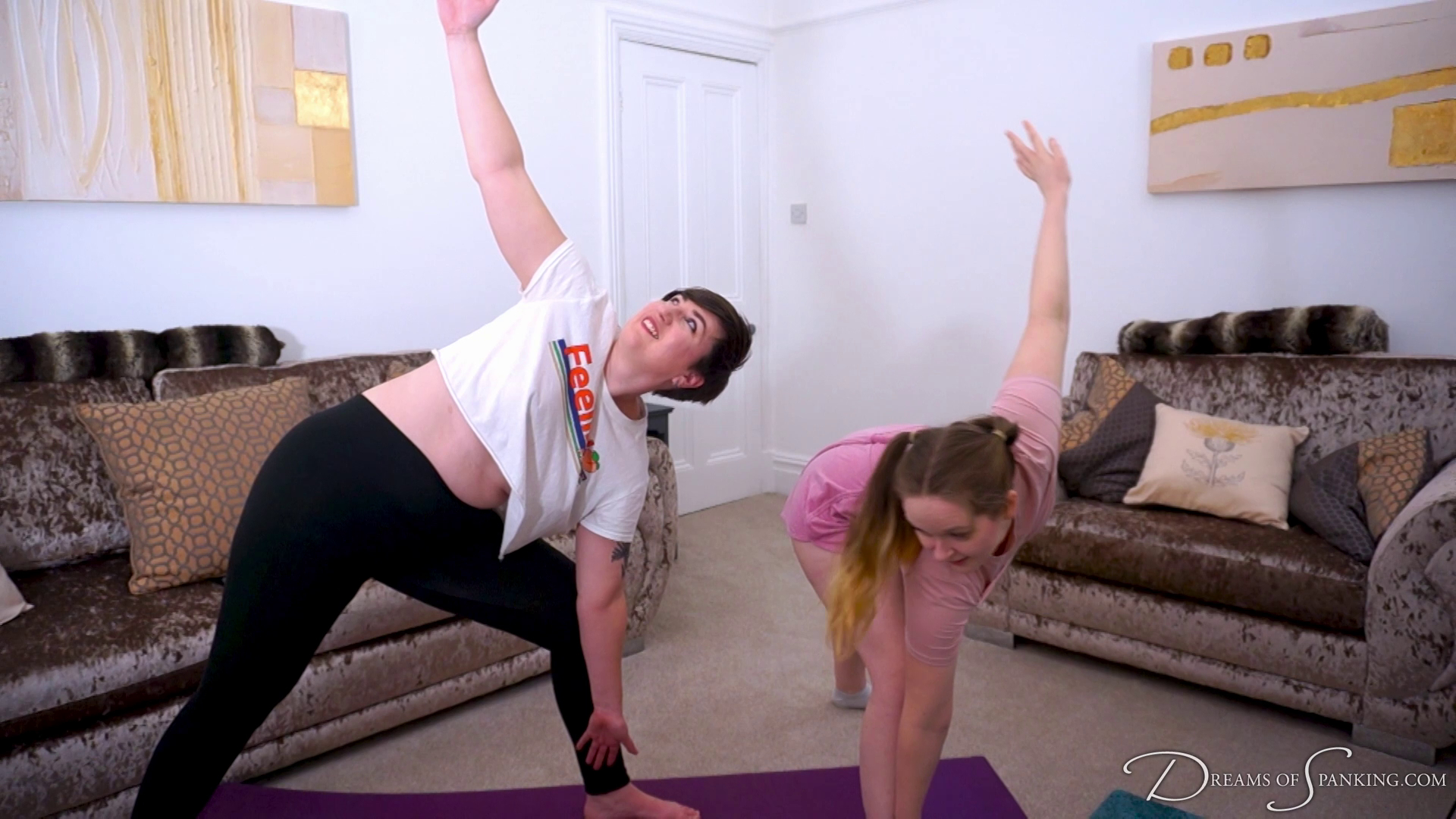 Blake and Willow do yoga poses together wearing cute sports wear